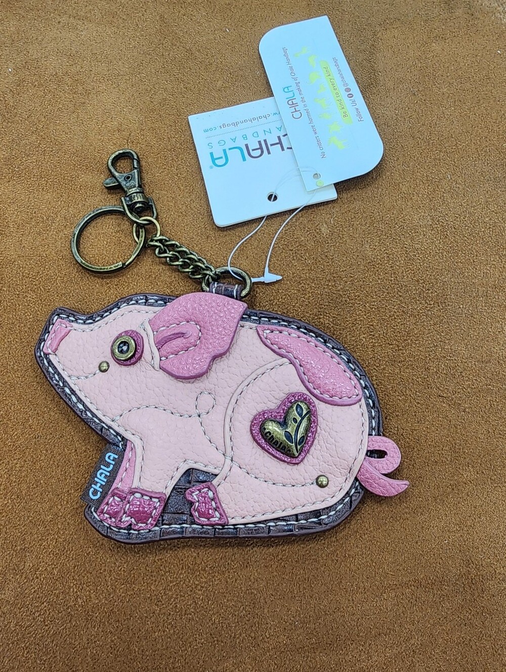 Chala Pink Pig Leather Key Fob with Heart Accent
